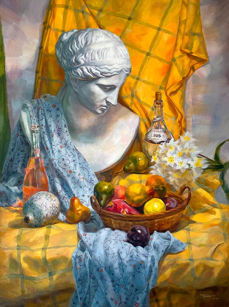 Oil painting of a classical marble bust with a bowl of fruit.