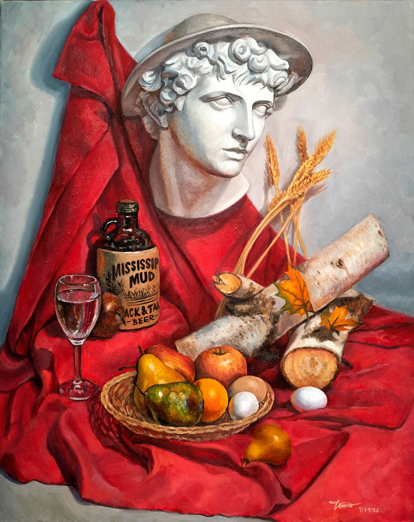 Oil painting of a classical figure draped in red fabric with fruit.