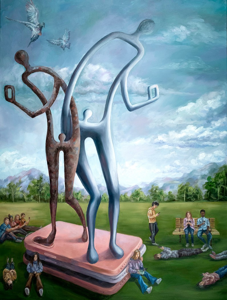 Painting of an abstract wire sculpture on a plinth outdoors.