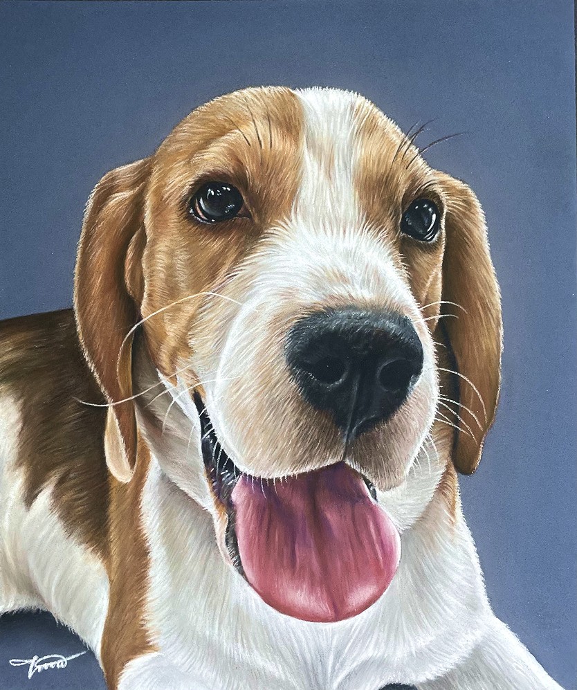 Painting of a beagle dog against a dark background.