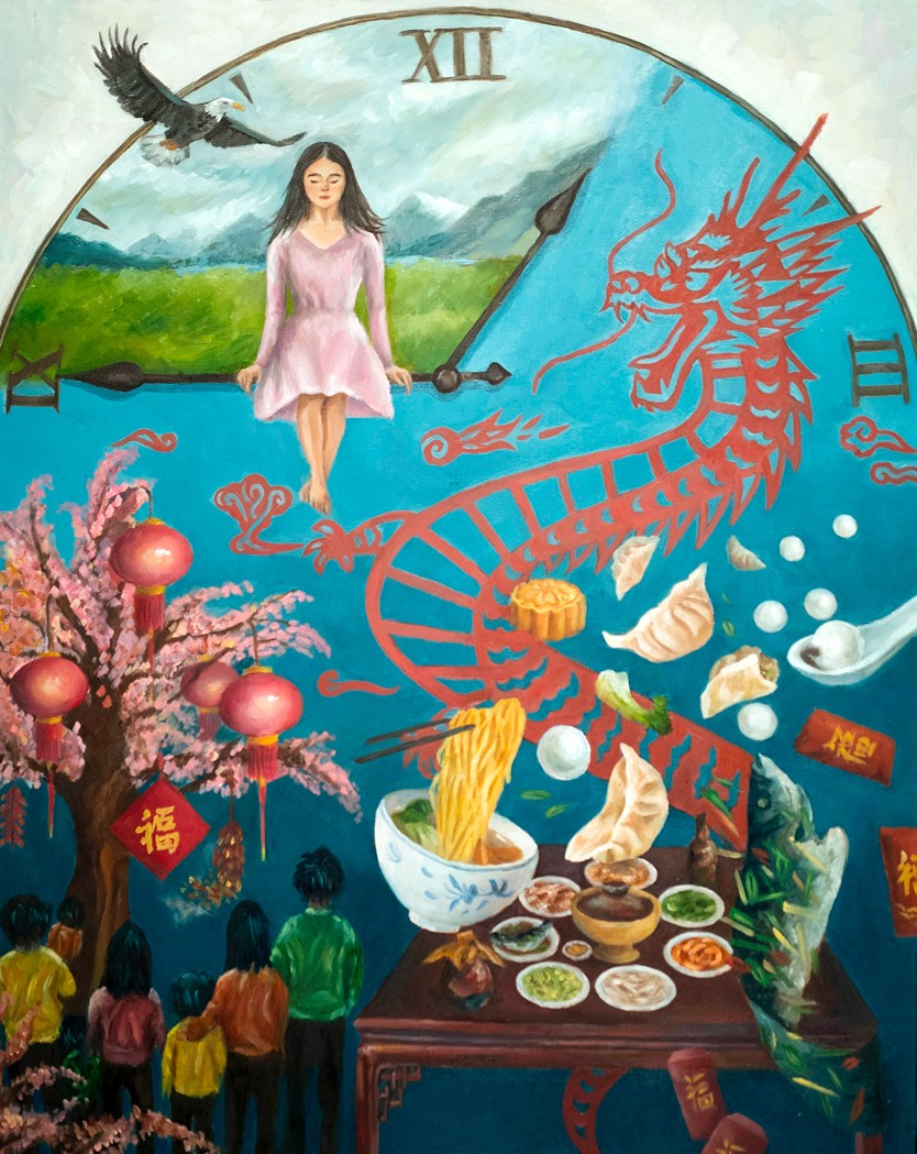 Surreal oil painting of a woman seated on a giant clock hand above a dragon, cherry blossoms, and dumplings.