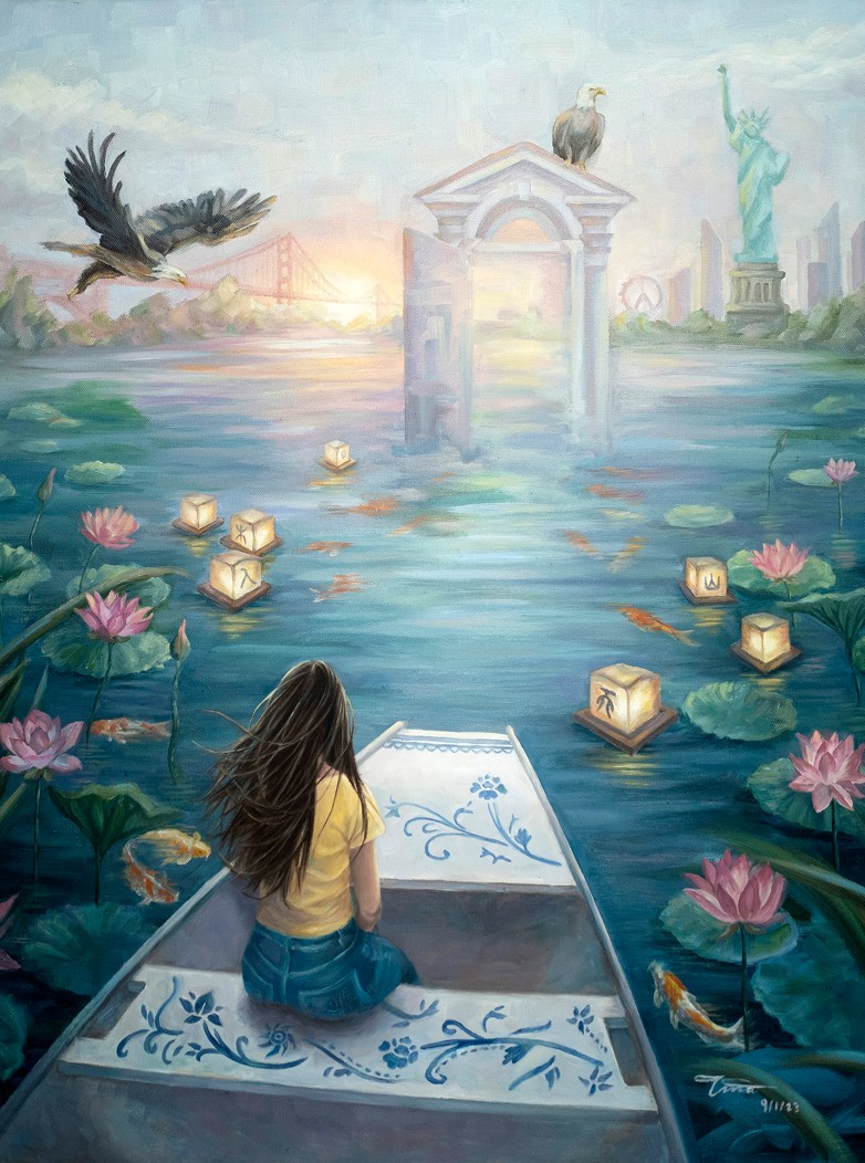 Oil painting of a woman in a boat on a lily pond with koi fish, an archway, and the Golden Gate Bridge in the distance.
