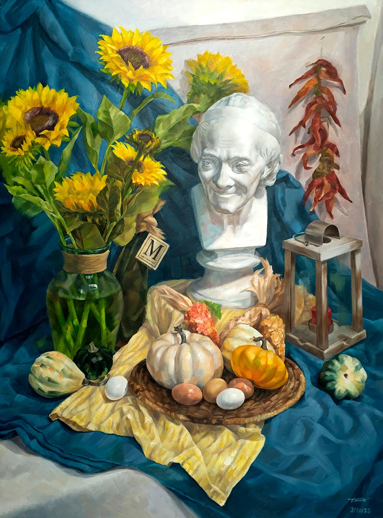 Oil painting of a classical marble bust surrounded by sunflowers, dried peppers, and a fall harvest still life.