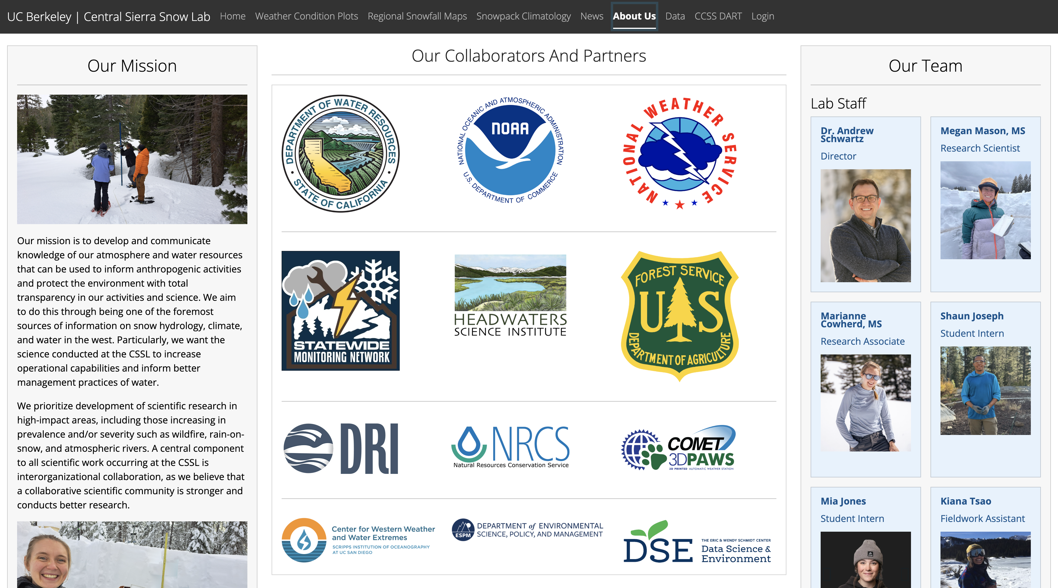 Existing Snow Lab website screen