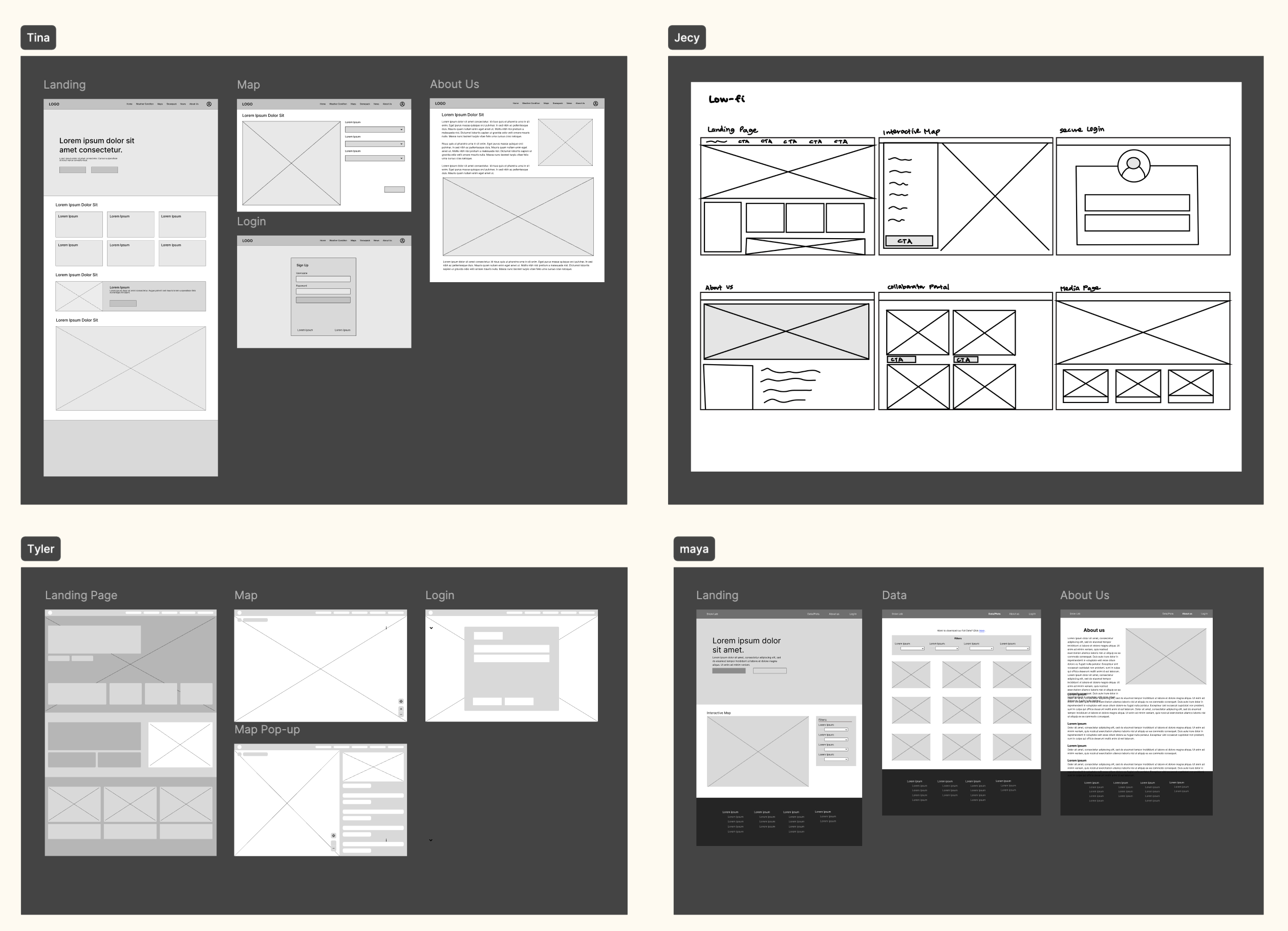 Low fidelity wireframes for the Snow Lab website