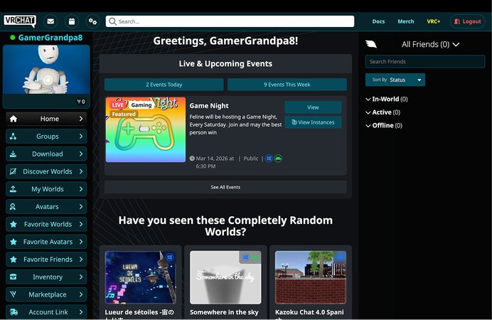 The existing VRChat user dashboard, a dark blue interface with a long left-hand menu and event listings.