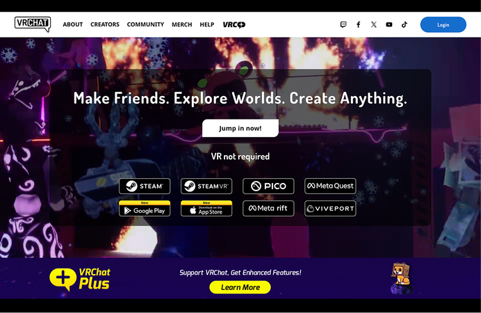 The existing VRChat marketing site, with a “Make Friends. Explore Worlds. Create Anything.” hero over a busy screenshot background.