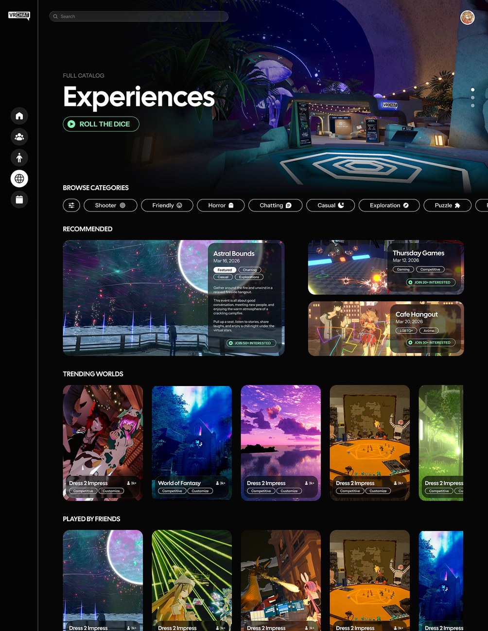 The redesigned Experiences catalogue, with category filters, recommended events, and trending worlds.