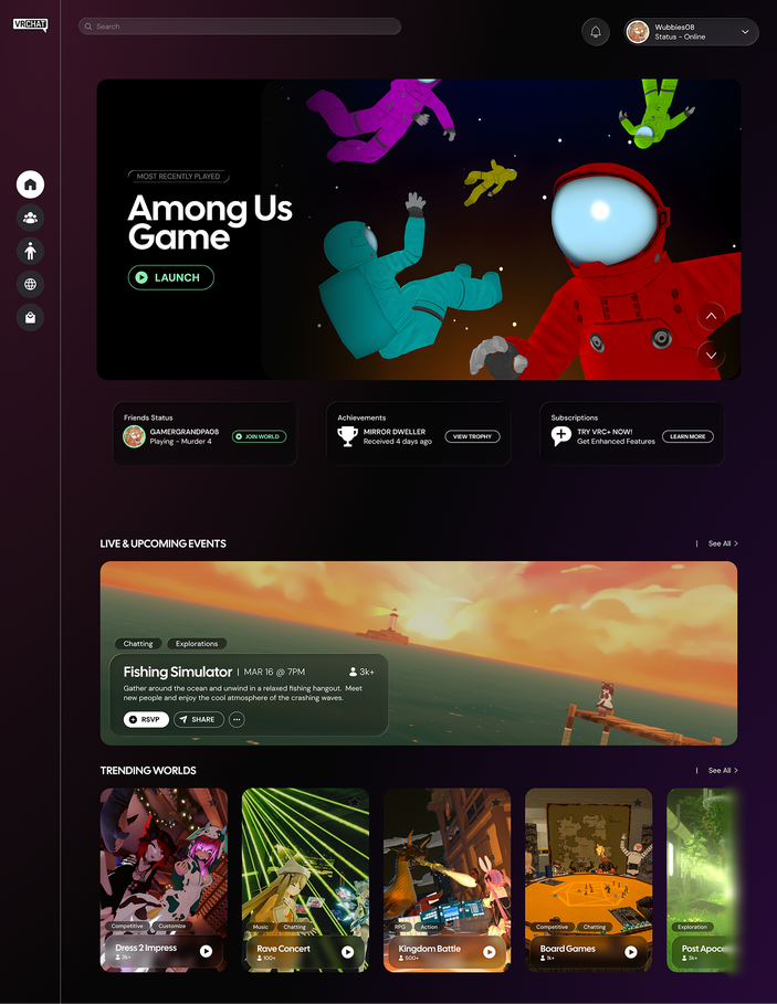 The redesigned dashboard home, featuring a recently played Among Us world, friend status, achievements, and live and upcoming events.