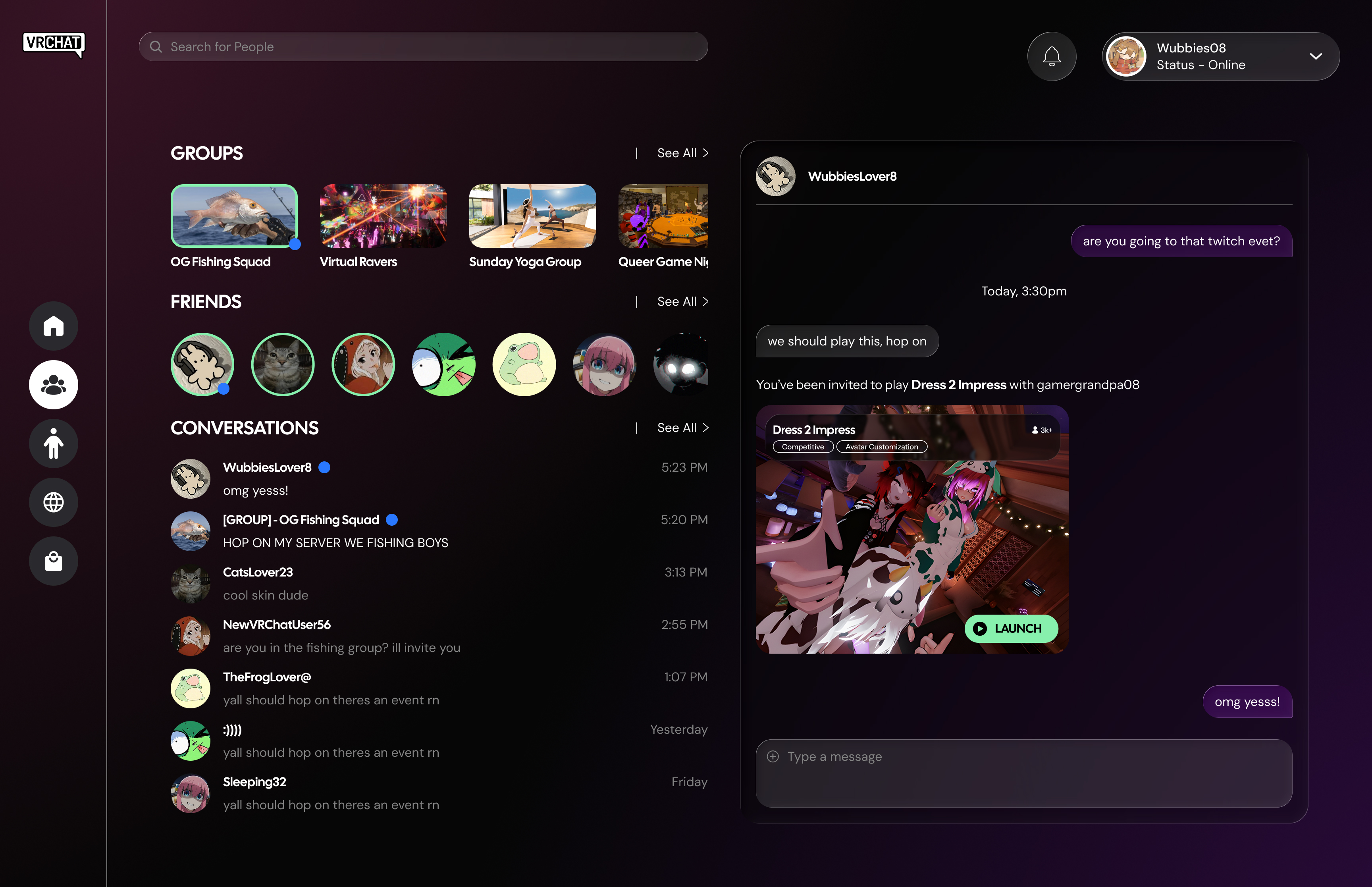 The redesigned social hub, showing groups, friends, a conversation list, and an open chat with a world invite.