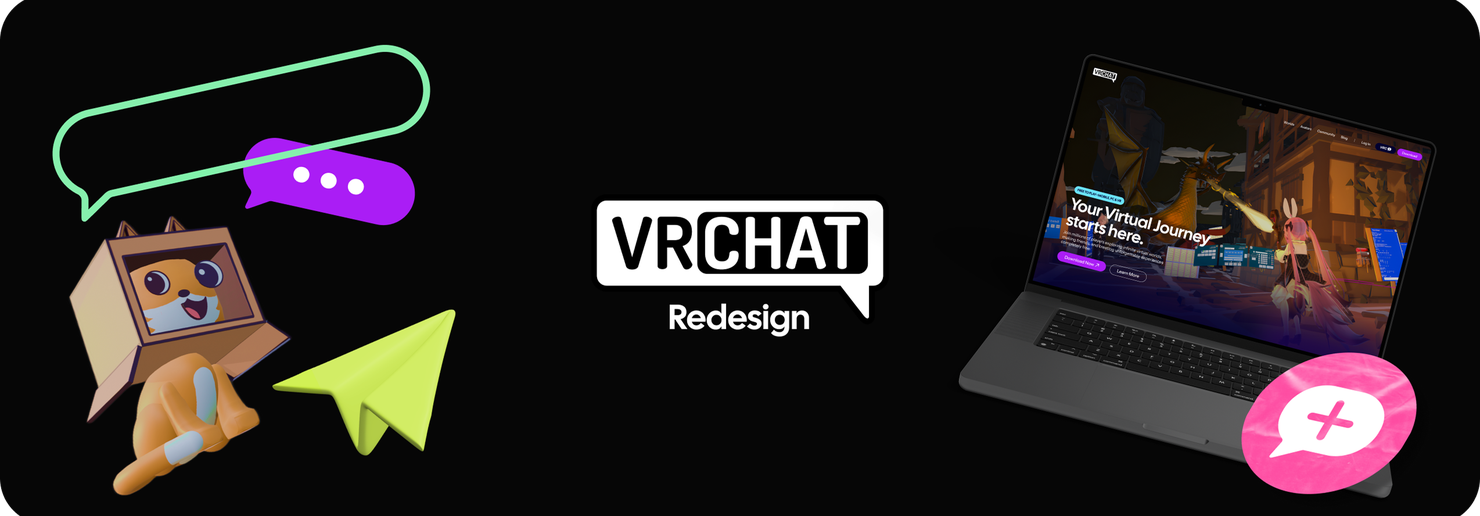 VRChat Redesign title card: the VRChat box-cat mascot with speech-bubble graphics beside a laptop showing the redesigned marketing site.