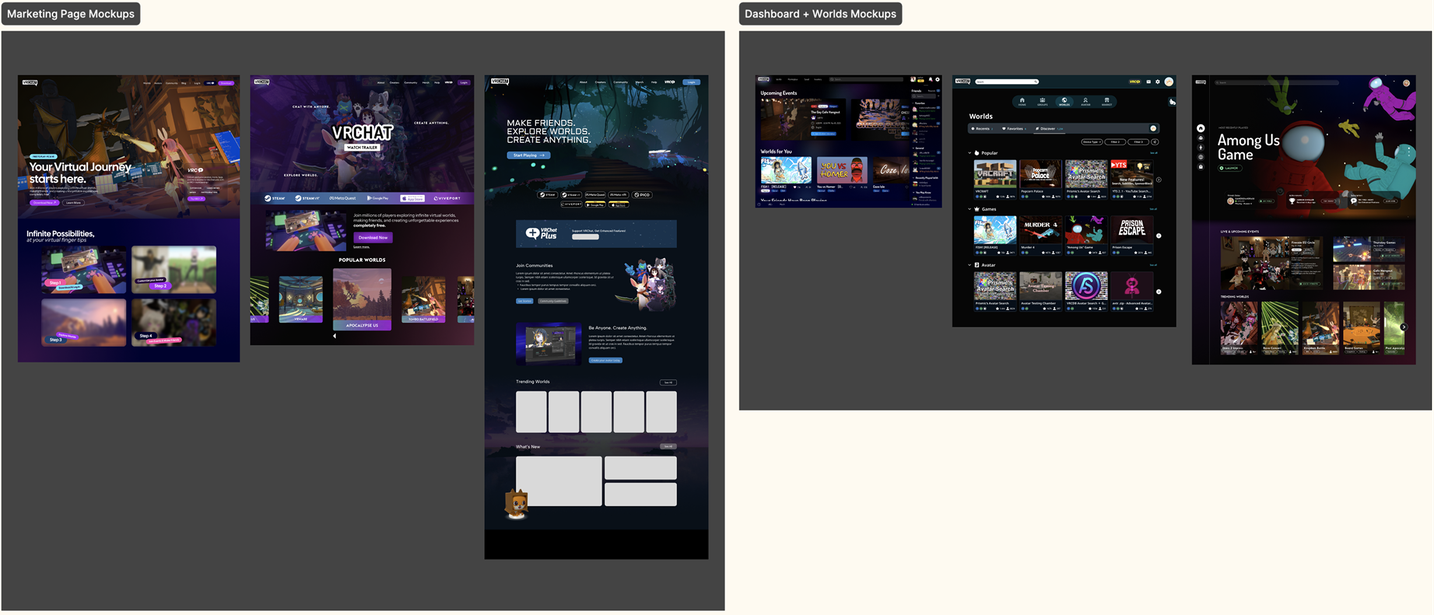 Marketing page mockups and dashboard mockups shown side by side as early visual directions.