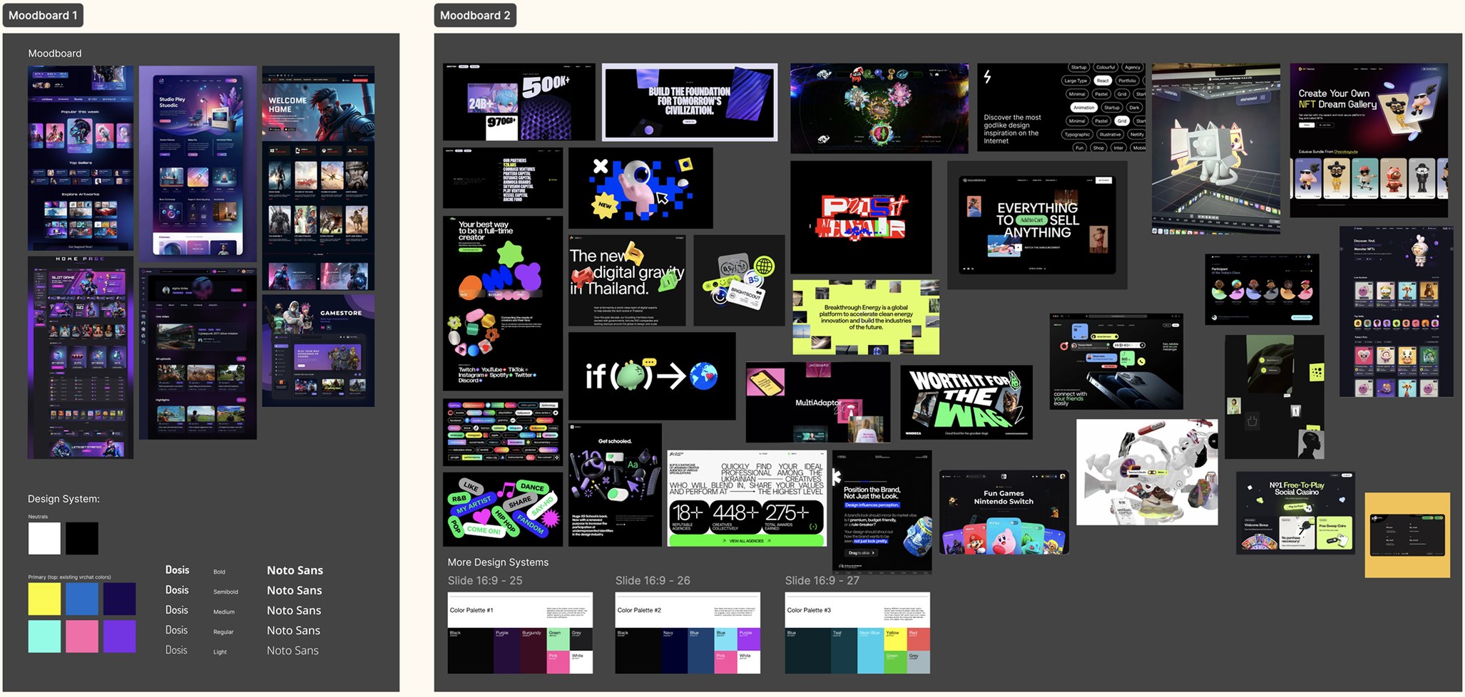 Two moodboards of gaming and brand-design references, with a neutral and primary colour palette and Dosis and Noto Sans type samples.