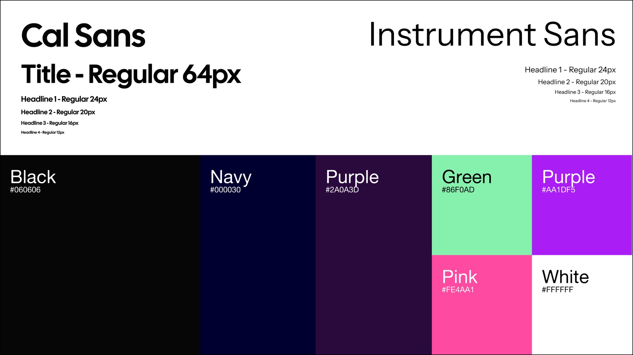 Finalised design system: Cal Sans and Instrument Sans type scales above swatches for Black #060606, Navy #000030, Purple #2A0A3D, Green #86F0AD, Purple #AA1DF5, Pink #FE4AA1 and White #FFFFFF.