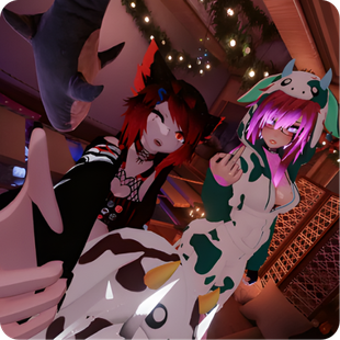 Two VRChat avatars in cow-print outfits posing together at a decorated indoor world.