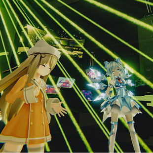 Two VRChat avatars standing among green laser beams at a virtual concert.