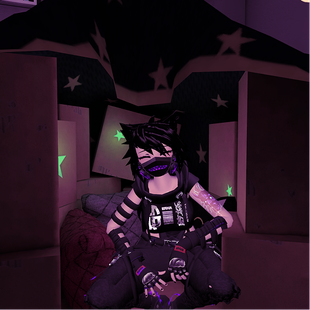 A VRChat avatar sitting alone in a dim purple room decorated with stars.