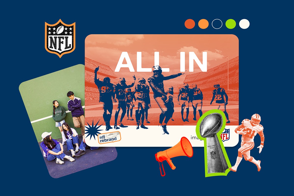 NFL brand rebrand collage: an 'All In' campaign graphic, action photography, and merchandise mockups.