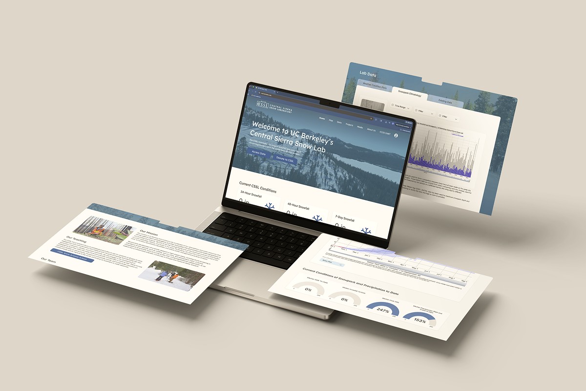 Laptop and paper mockups of the Central Sierra Snow Lab website redesign.