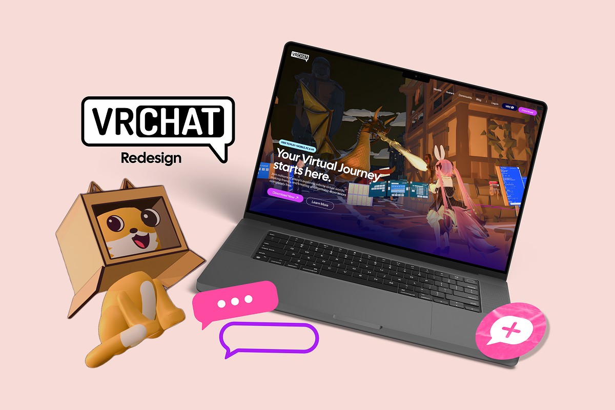 Laptop mockup showing the VRChat redesign next to VRChat avatar illustrations.